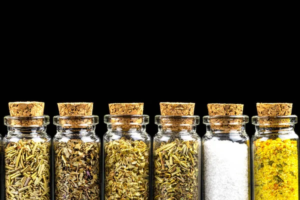 Macro Shot Six Different Spices Standing Vials Cork Isolated Black — Stock Photo, Image