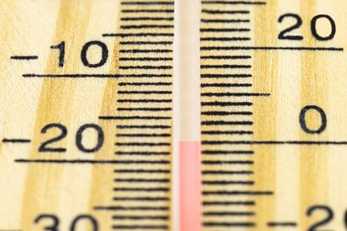Klasik bir ahşap termometrenin makro görüntüsü. Sıcaklık -17.7 derece, 0 derece..