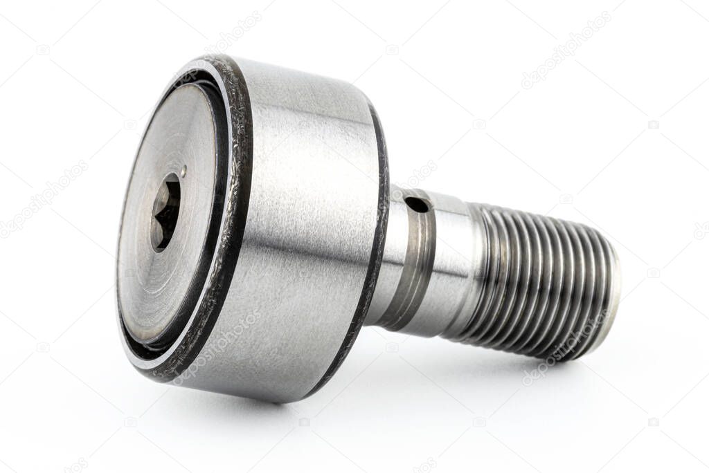 Needle roller bearing, cam follower with visible thread, isolated on a white background, macro shot.