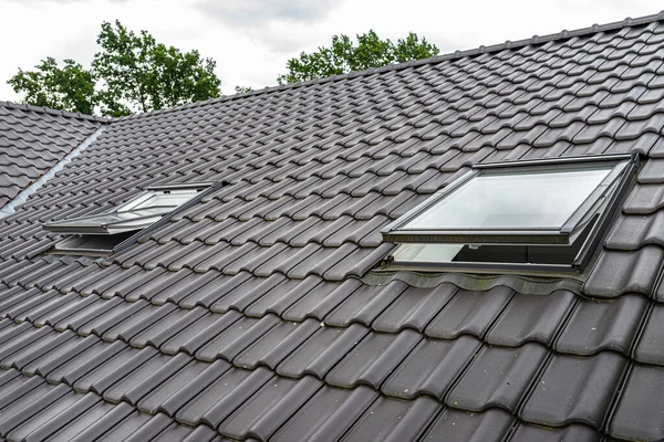 Two Open Roof Windows Attic Visible Anthracite Ceramic Tiles — Stock Photo, Image