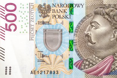 Polonya 'nın nadir bulunan 500 zloti banknotunun ön tarafındaki Macro fotoğrafı, Jan III Sobieski' nin profiline yakın plan..