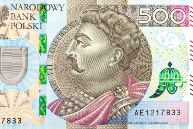 Polonya 'nın nadir bulunan 500 zloti banknotunun ön tarafındaki Macro fotoğrafı, Jan III Sobieski' nin profiline yakın plan..