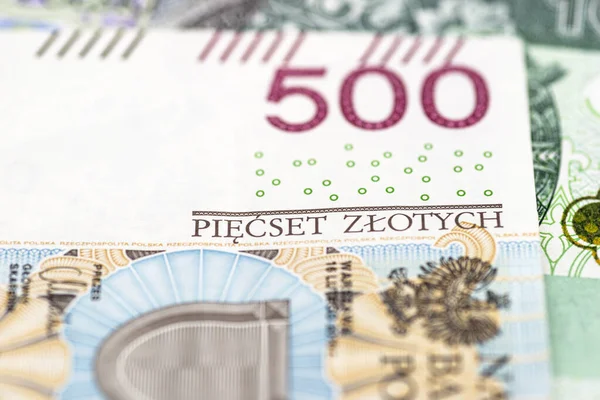 一张罕见的500波兰波兰兹罗提钞票正面的宏观照片 上面的题字很近 — 图库照片