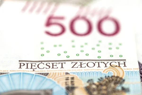 Nadir Bulunan Bir Polonya Pln 500 Banknotunun Tarafındaki Makro Fotoğraf — Stok fotoğraf