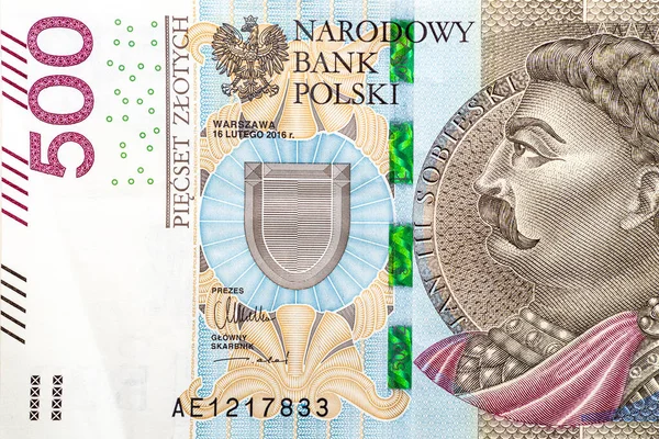 波兰500兹罗提罕见钞票正面的宏观照片 1月3日Sobieski的肖像 — 图库照片