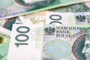 Polonya 100 PLN banknotunun ön tarafındaki makro fotoğraf, yazıtlara yakın plan..