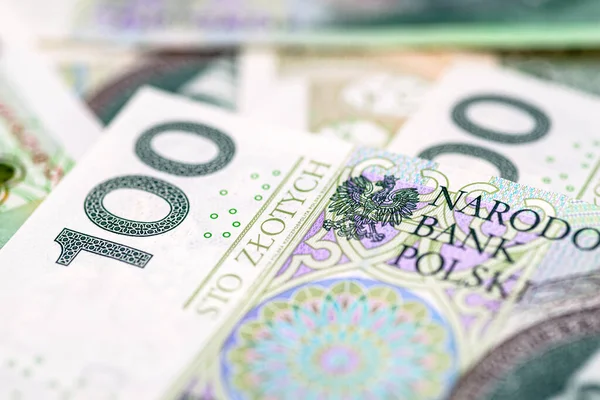 Macro Photo Front Side Polish 100 Pln Banknote Close Inscriptions — Stock Photo, Image