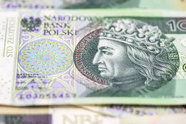 波兰100兹罗提钞票正面的宏观照片 Wladyslaw Jagiello — 图库照片