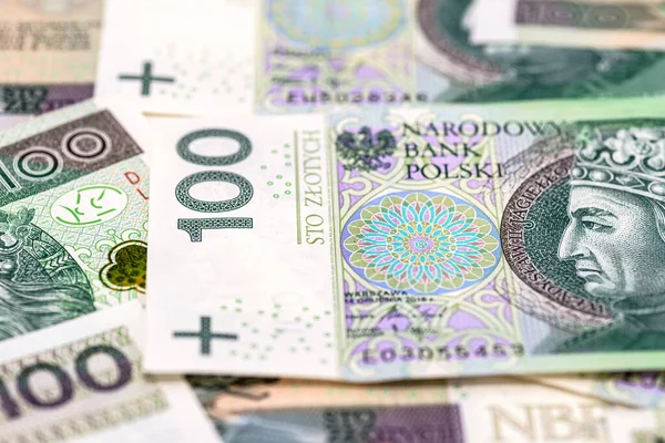 Macro Photo Front Side Polish 100 Pln Banknote Close Inscriptions — Stock Photo, Image