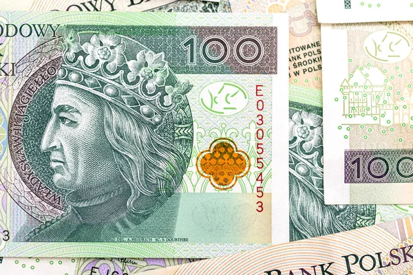 Foto Macro Parte Frontal Del Billete 100 Zloty Polaco Primer — Foto de Stock