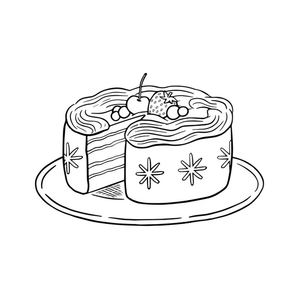 Праздничный торт с ягодами и взбитыми сливками, черно-белая линия рисования каракулей вектор . Стоковая Иллюстрация
