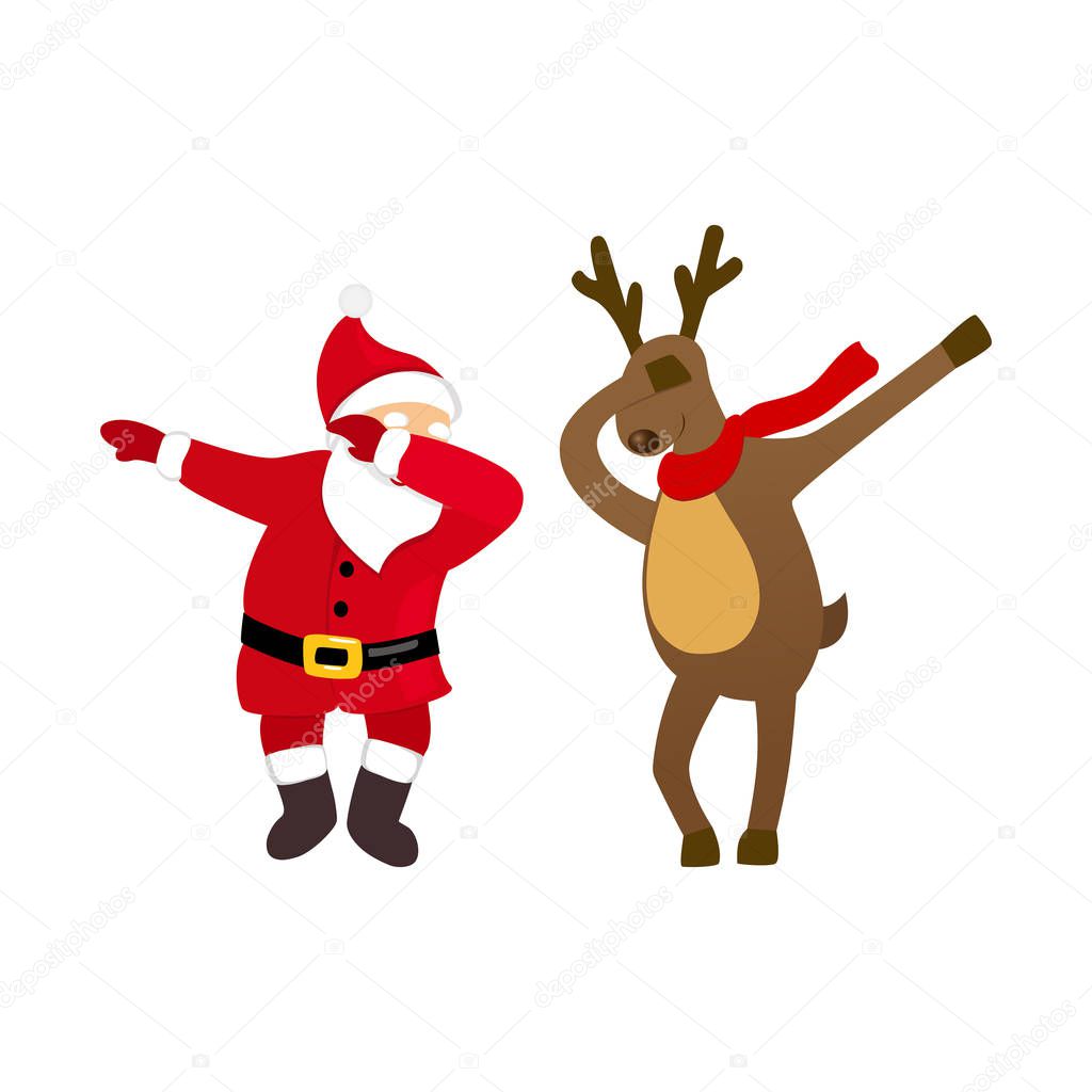Funny Santa and deer dancing dab move, quirky cartoon comic characters.
