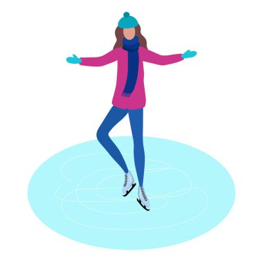 Paten buz pateni pisti, düz tasarım vektör çizim, Genç kadın paten Çizmeli kız.