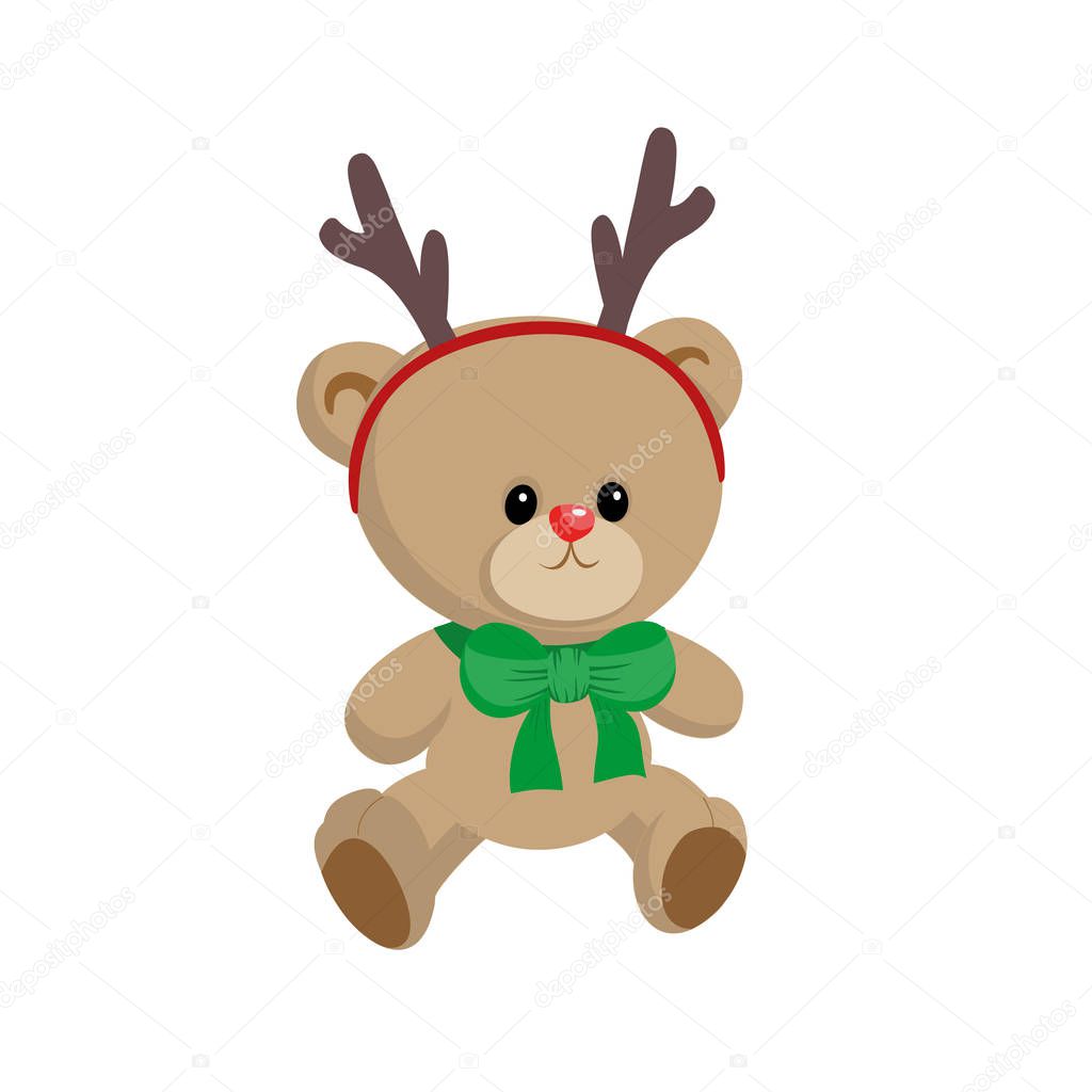 Teddy bear Christmas cute character, baby kids holiday print, headband with horns, logo for children event, party, gift card, icon, toy shop sale, greeting, game, flat cartoon vector illustration.