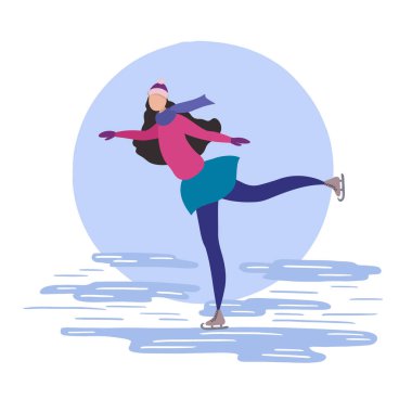 Buz pistinde, düz tasarım vektör çizim pateni kadın.