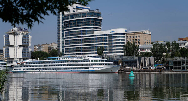 Rostov-on-Don, Russia - July 01, 2020 : Cruise ships docked at the pier during the COVID-19 quarantine 