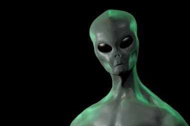 Saf siyah arka plan üzerine insansı bir uzaylı yaratık resmi