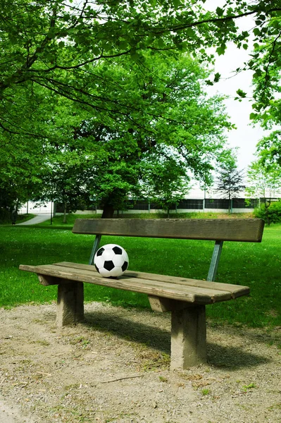 one soccer  ball black and white on a park bench