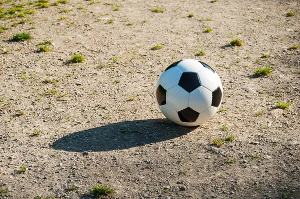 Soccer Ball Football Ground Alone Morning — Stock Photo, Image