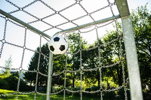 soccer ball in top corner of the goal in summer