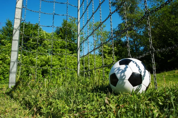 soccer ball black and white in the goal of a green grass football ground in summer