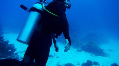 Dalgıç oksijen silindir mavi su ile