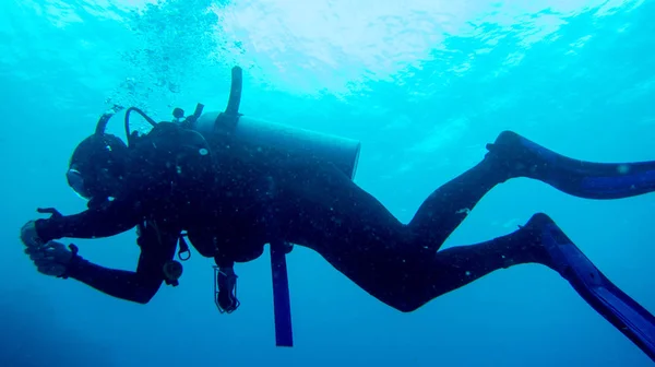 Plongeur Dans Eau Bleue Soleil Est Derrière Lui — Photo