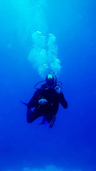 Diver Visar Tecknet Okey Med Luftbubblor Blått Vatten — Stockfoto