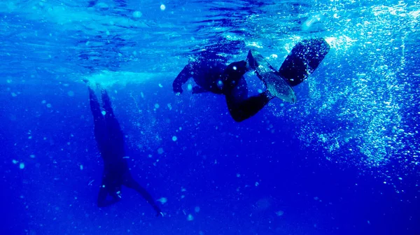 koyu mavi su ve hava kabarcıkları iki dalgıçlar