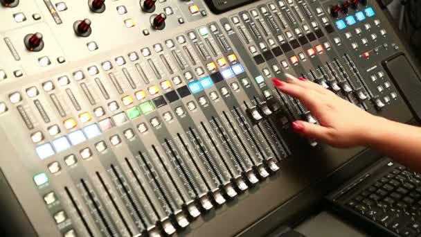 Female Rihte Hand Moves Fader Knob Sound Mixing Console — Stock Video