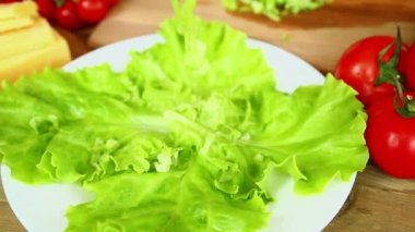 Hazırlık kiraz domates ile ev yapımı sebze salatası peynir ve Bıldırcın yumurta. Kadınların elleri kıyılmış lahana yaprakları bir kaseye. Kamera sağdan sola taşır