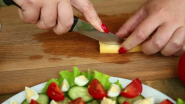 準備チェリー トマトと自家製野菜のサラダ チーズし ウズラの卵 女性の手は ナイフでチーズをカットします カメラが左から右に移動します — ストック動画