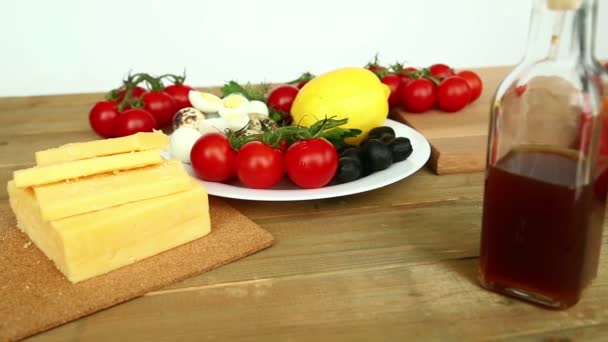 Preparation Homemade Vegetable Salad Cherry Tomatoes Cheese Quail Eggs Panorama — Stock Video