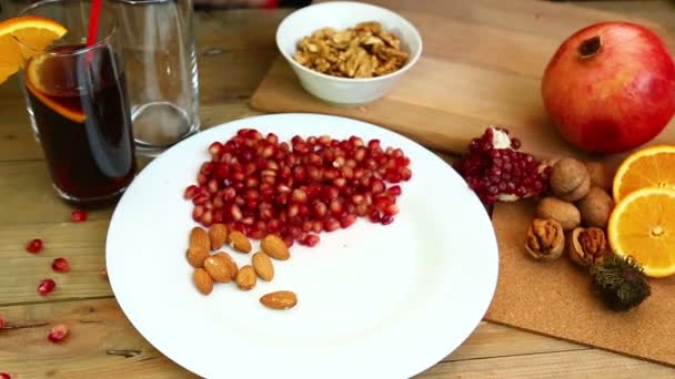 Woman Her Own Hands Puts Almonds Bowl Shot Dolly — Stock Video