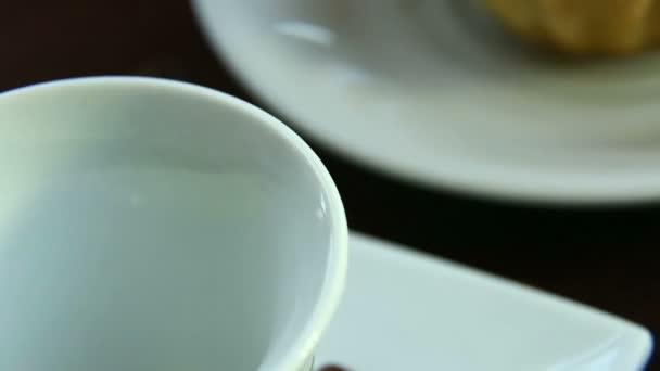 Morning Breakfast Table Coffee Beans Biscuits Black Coffee Poured White — Stock Video