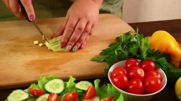 一个女人切 Avacado 做沙拉 — 图库视频影像
