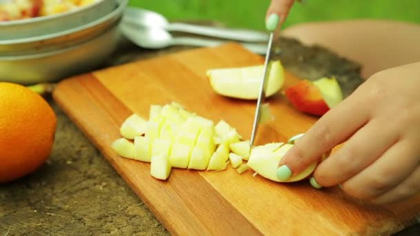 Vrouwelijke handen snijden de appel op de segmenten voor een fruitsalade voor het ontbijt in de open lucht. — Stockvideo