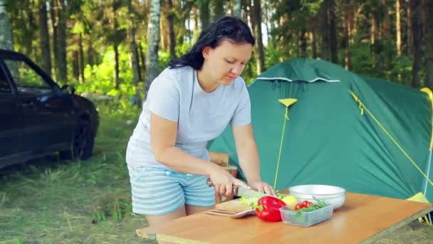 Žena je krájení zelených salátových listů na piknik. — Stock video