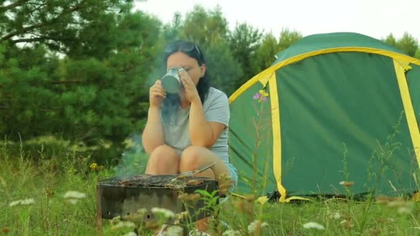 Ein Mann und eine Frau mit einem Zelt in der Natur grillen Fleisch auf dem Grill. Frau arbeitet am Laptop. — Stockvideo