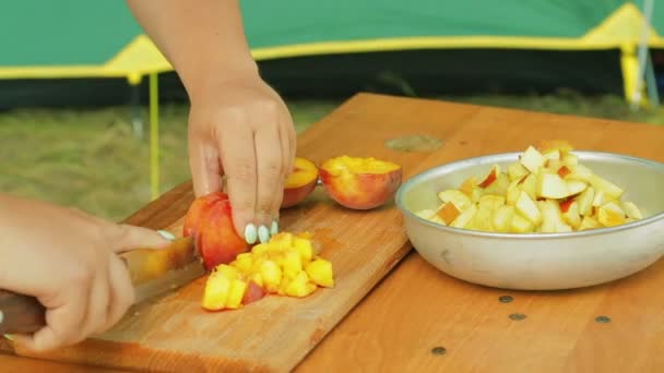 Mujer joven corta un cuchillo de melocotón con un cuchillo para ensalada de frutas en un picnic .. — Vídeos de Stock