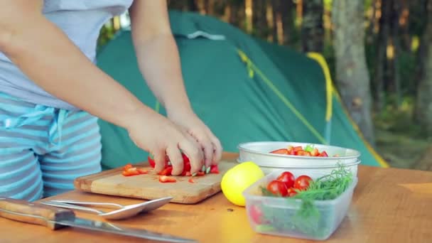 Kvinnan sätter bitar av röd paprika i en skål för en sallad på en picknick. — Stockvideo