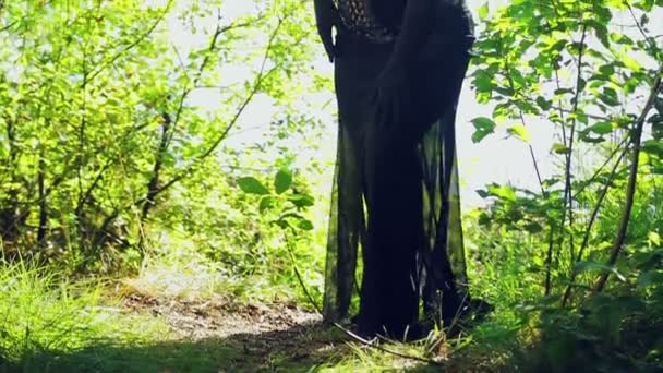 Una donna di una strega vestita di nero sulla riva del lago si guarda intorno. Halloween. Stile Gothick . — Video Stock