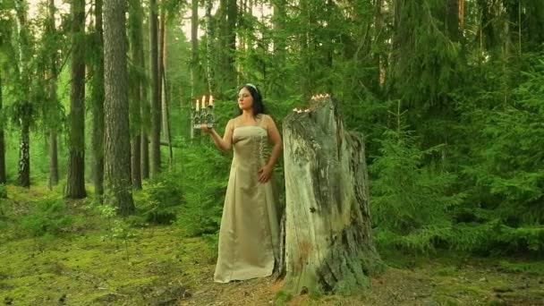 A forest fairy stands at a large stump with candles and holds a candlestick with burning candles in his hand. — Stock Video