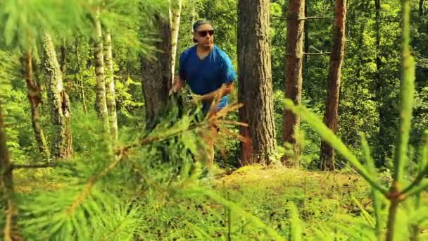 A man resting in the woods puts on a backpack, rises and leaves into the forest. — Stock Video