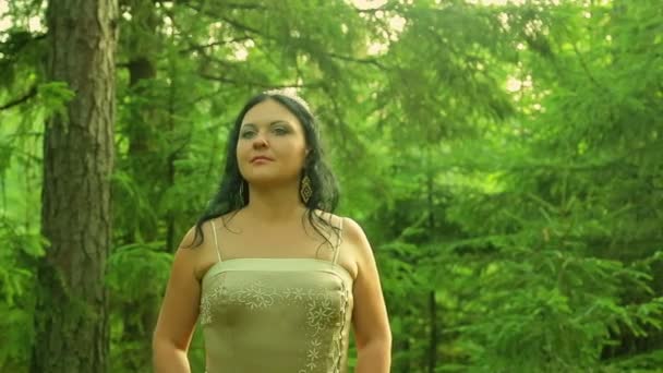 Een vrouw in het beeld van een forest fairy in een bos-glade. — Stockvideo