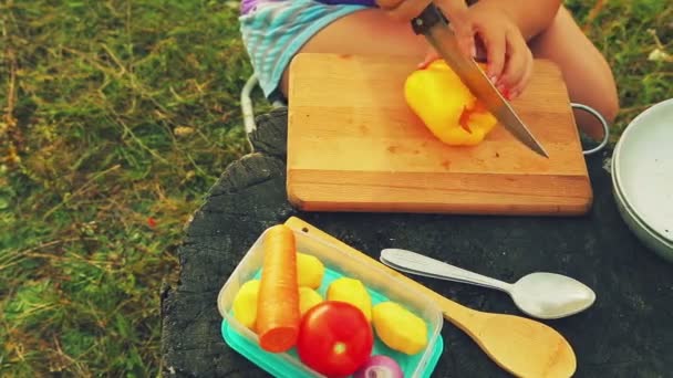 Ženské ruce nůž žlutá paprika na dřevěném prkénku. — Stock video