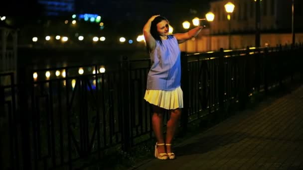 Young Smiling Woman Doing Selfie Mobile Phone Background Quay Night — Stock Video