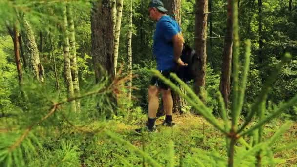 En turist man lyfter sin ryggsäck och sitter besegrar till vila och beundra naturen. — Stockvideo