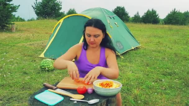 Une jeune femme à côté de la tente met des morceaux de carottes tranchées dans une assiette de légumes . — Video