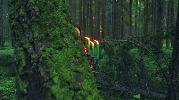 Een jonge zigeuner met een kandelaar met brandende kaarsen in haar hand peeks uit achter een grote boom in het bos. — Stockvideo